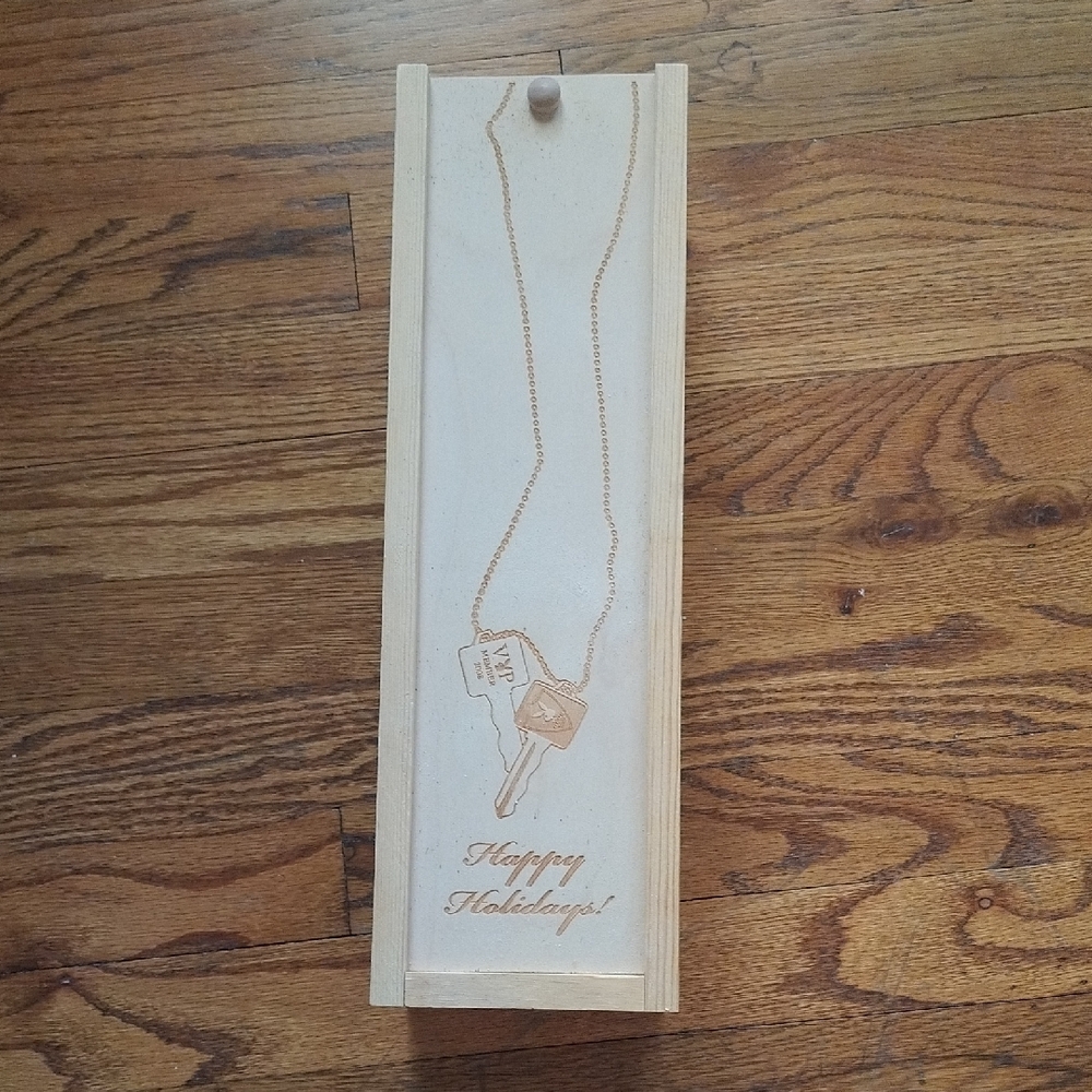 Wooden Box With Sliding Top With Various Logos Etched In Wood